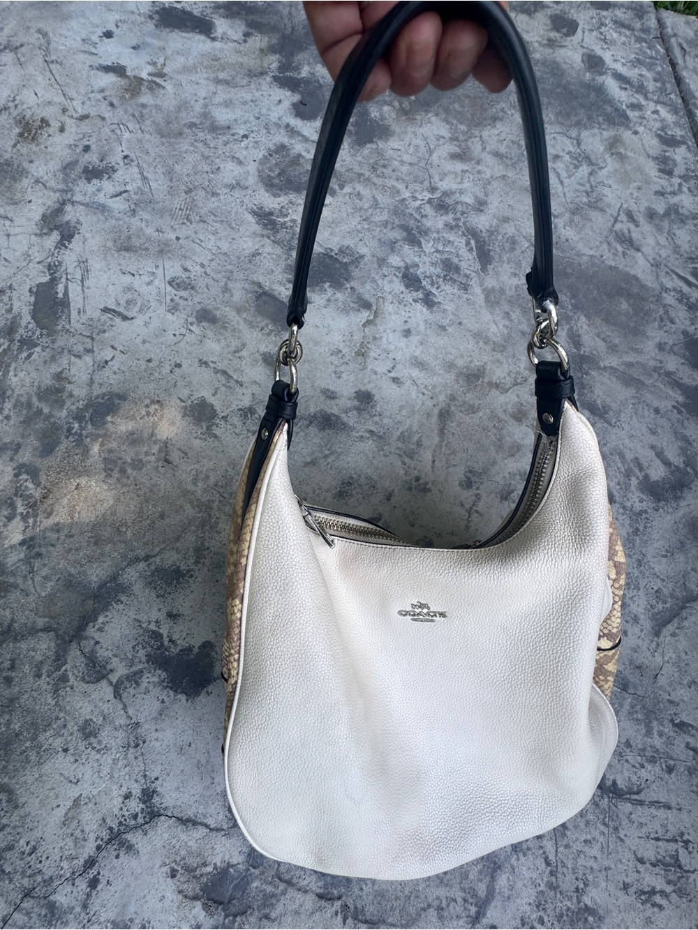 Coach Harley Hobo J1657 F57503 Cream Leather Snake skin trim Purse Black strap